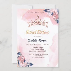 Invitación Corona de flores Chic Rose Gold Glitter Dulces 16