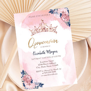 Invitación Corona de flores Chic Rose Gold Glitter Quinceañer