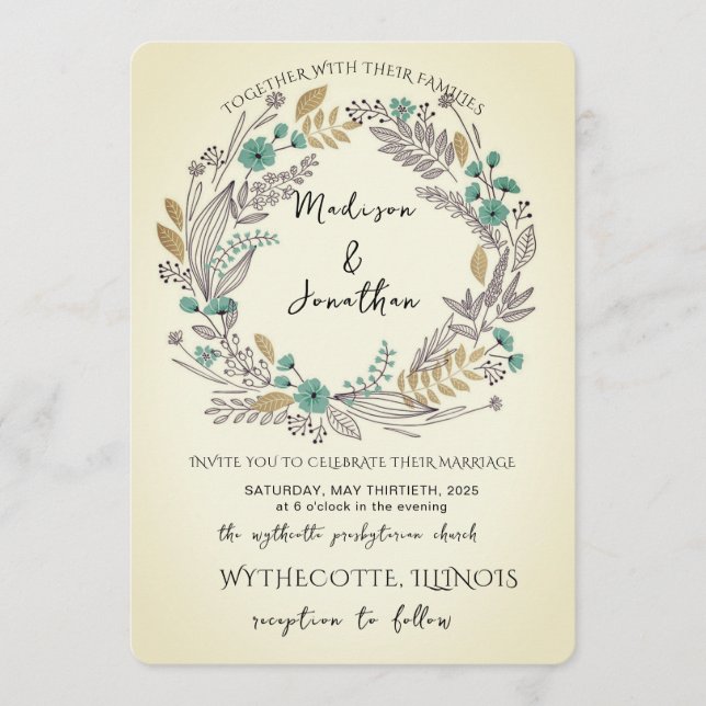 Invitación Corona de flores de acuarela romántica boda (Anverso)