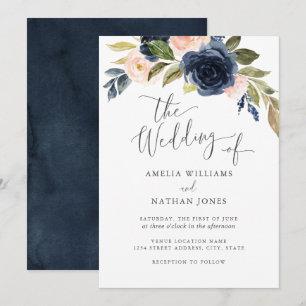 Invitación Corona de flores de acuarela rosa azul matrimonio