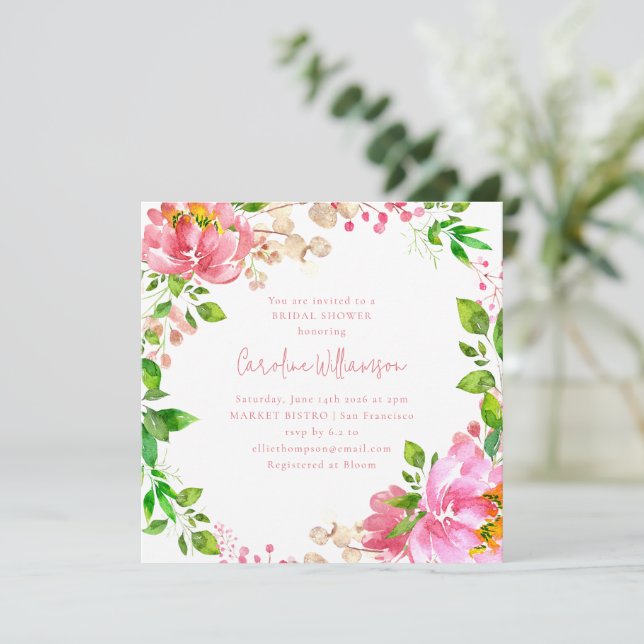 Invitación Corona de flores de acuarela rosa para despedida d (Anverso de pie)