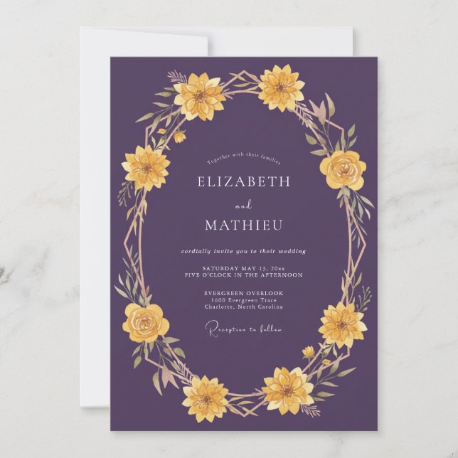 Invitación Corona de flores de boda de oro púrpura (Anverso)