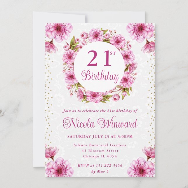 Invitación Corona de flores de cerezo en acuarela Cumpleaños (Anverso)