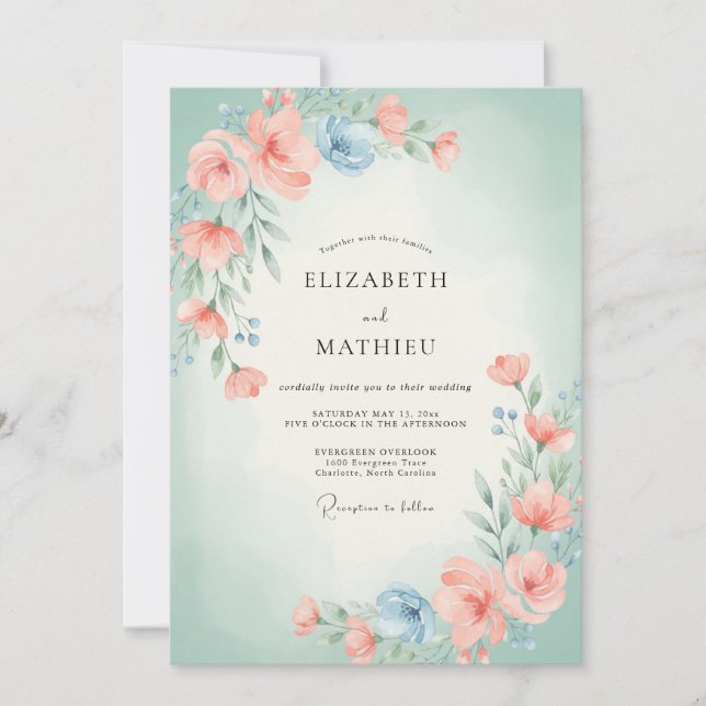 Invitación Corona de flores de coral para boda (Anverso)
