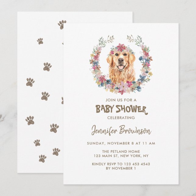 Invitación Corona de flores de Golden Retriever para baby sho (Anverso / Reverso)