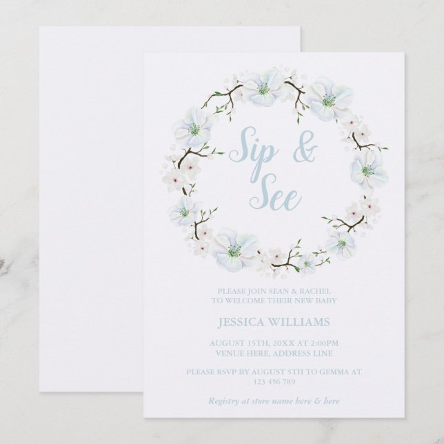 Invitación Corona de flores de manzana con estilo Sip & See (Anverso / Reverso)