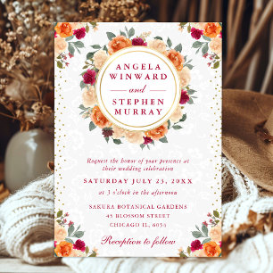 Invitación Corona de flores de otoño rojas y naranjas para bo