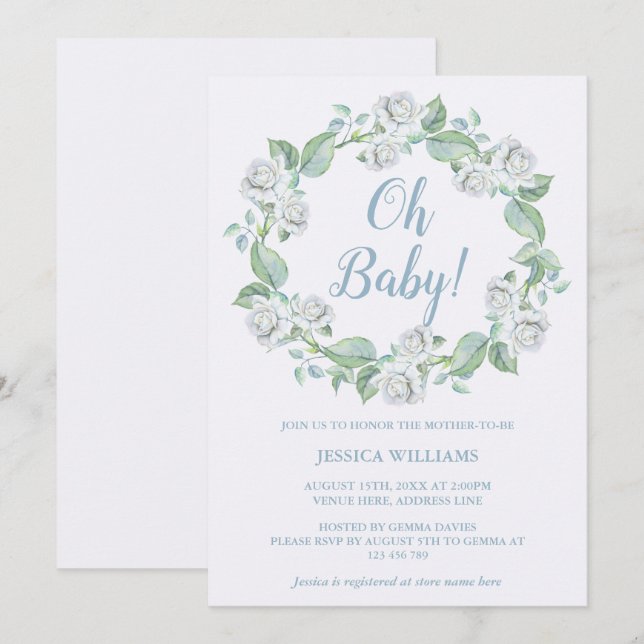 Invitación Corona de flores de rosas blancas bonitas para Bab (Anverso / Reverso)