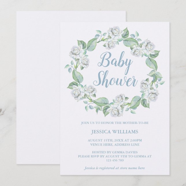 Invitación Corona de flores de rosas blancas bonitas para Bab (Anverso / Reverso)