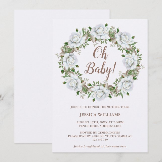 Invitación Corona de flores de rosas blancas elegantes para b (Anverso / Reverso)