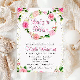 Invitación Corona de flores de rosas rosadas para baby shower