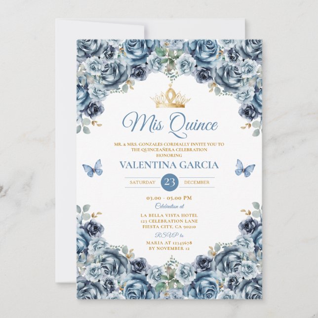Invitación Corona de flores doradas Quinceañera 15 Años azul  (Anverso)