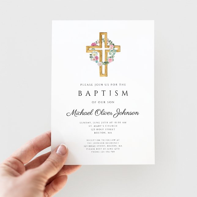 Invitación Corona de flores elegante Cruz Bautizo  (Subido por el creador)