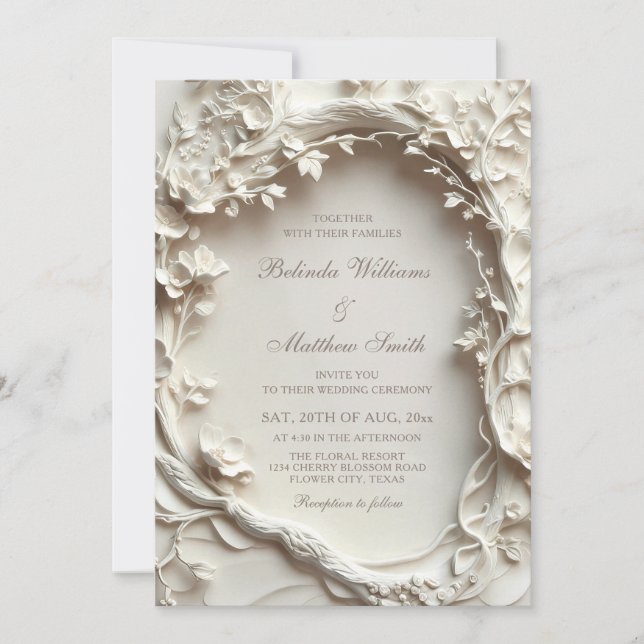 Invitación Corona de flores esculpidas blancas boda (Anverso)