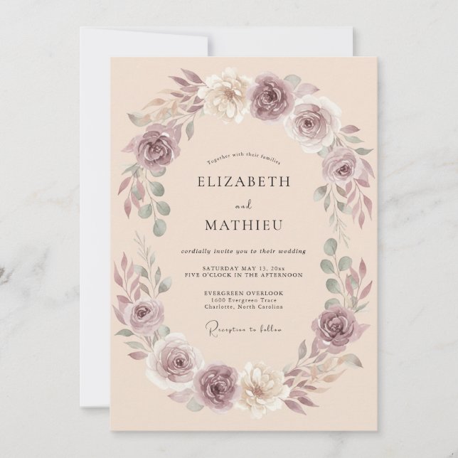 Invitación Corona de flores malva para boda (Anverso)