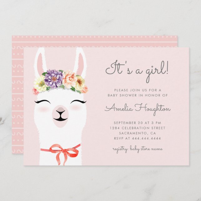 Invitación Corona de flores mullidas y Baby Shower Chica de L (Anverso / Reverso)