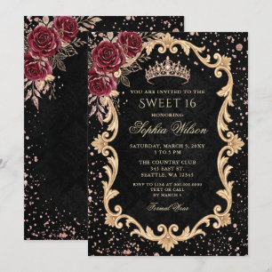 Invitación Corona de flores negras rosas rojas oro Dulces 16