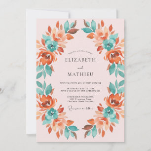 Invitación Corona de flores nupciales coral turquesa