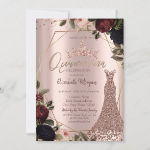 Invitación Corona de flores oscuras vestido de rose gold Quin