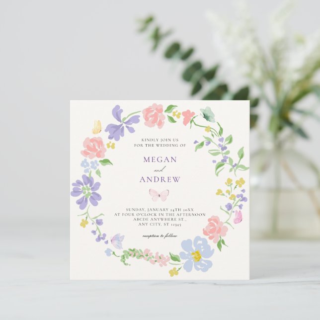Invitación Corona de flores pastel con boda de mariposas (Anverso de pie)
