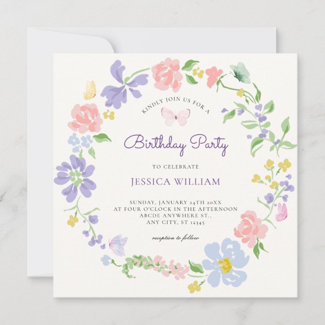 Invitación Corona de flores pastel con cumpleaños de mariposa (Anverso)