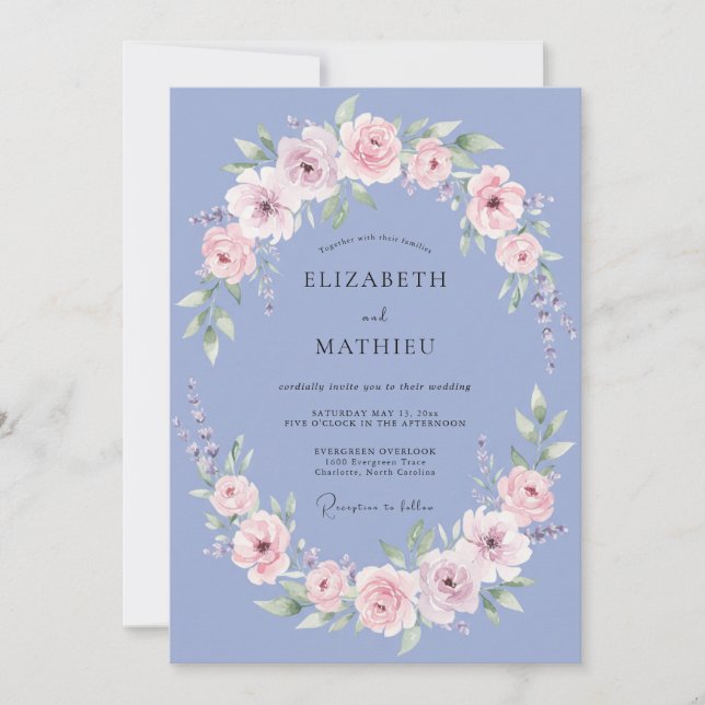 Invitación Corona de flores románticas de pervinca para boda (Anverso)
