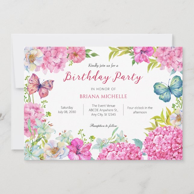 Invitación Corona de flores rosadas acuarela  (Anverso)