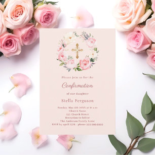 Invitación Corona de flores rosadas Confirmación cruz