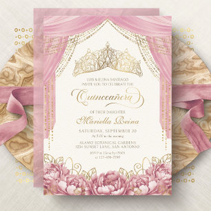 Invitación Corona de flores rosadas de quinceañera