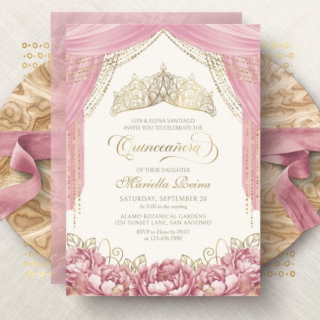 Invitación Corona de flores rosadas de quinceañera (Subido por el creador)
