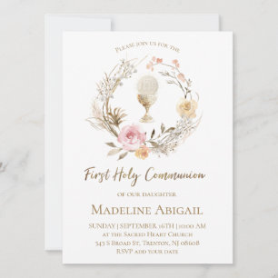 Invitación corona de flores rosas beige Primera Comunión