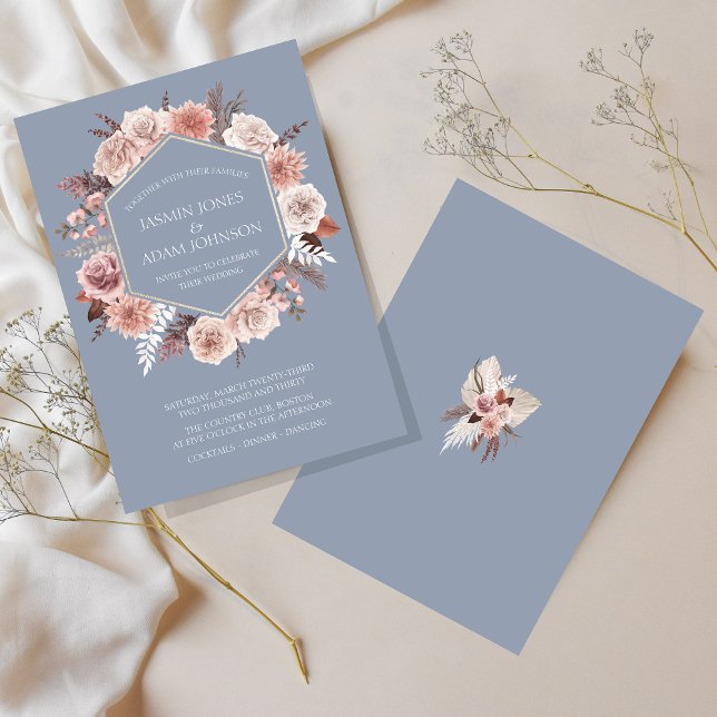 Invitación Corona de flores secas azul polvoriento boho boda (Boho Dusty Blue Dried Flowers Wreath Wedding Invitation)