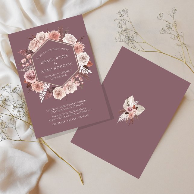 Invitación Corona de flores secas púrpura boho boda (Boho Purple Dried Flowers Wreath Wedding Invitation)