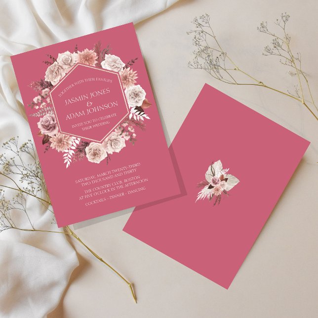 Invitación Corona de flores secas rosa magenta Boho Boda (Boho Magenta Pink Dried Flowers Wreath Wedding Invitation)