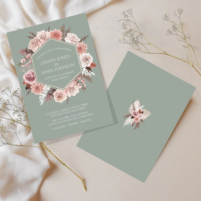 Invitación Corona de flores secas verde salvia boho para boda (Boho Sage Green Dried Flowers Wreath Wedding Invitation)