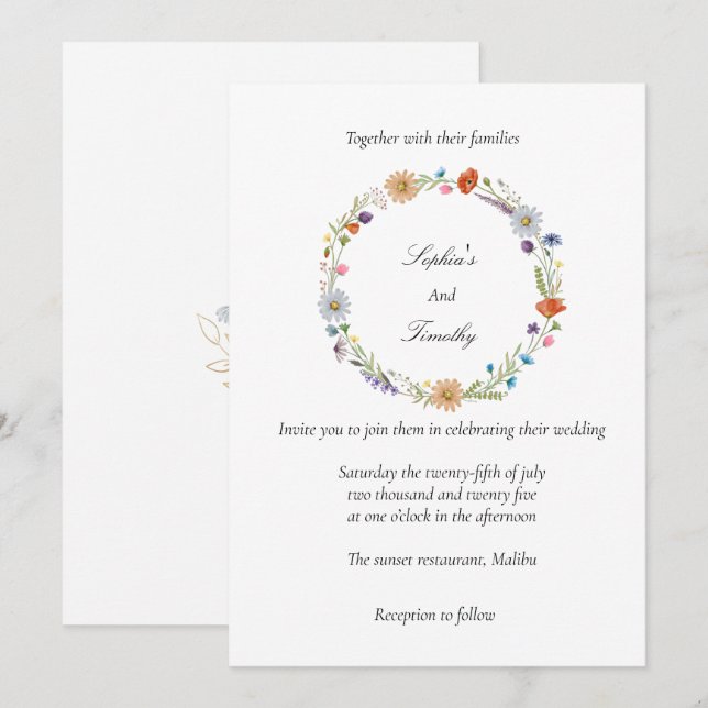 Invitación Corona de flores silvestres acuarela boda  (Anverso / Reverso)