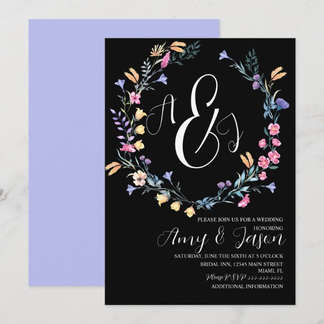 Invitación Corona de flores silvestres de primavera morada ne (Anverso / Reverso)