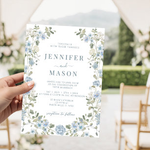 Invitación Corona de flores verdes azul claro para boda de ja