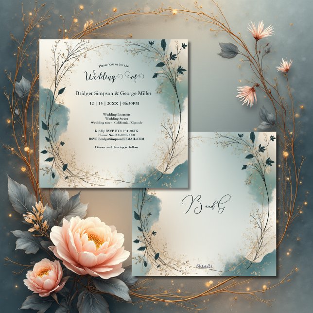 Invitación Corona de follaje Boho Chic beige azul polvoriento (Subido por el creador)