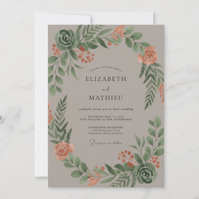 Invitación Corona de follaje de melocotón boda (Anverso)