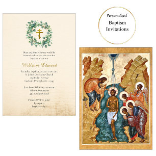 Invitación Corona de Follaje Elegante Bautismo Cristiano Orto