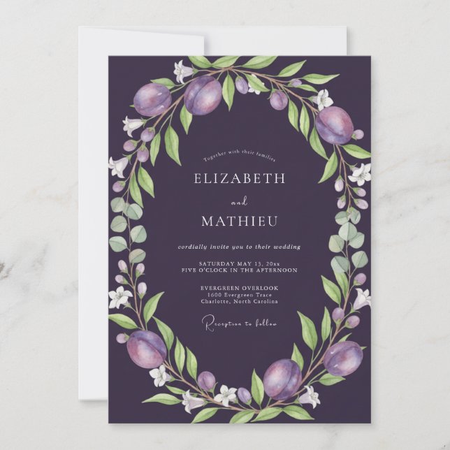 Invitación Corona de Frutas de Ciruela Boda (Anverso)
