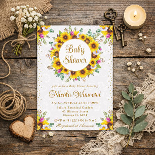 Invitación Corona de Girasoles Rústicos en Acuarela para Baby