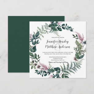 Invitación Corona de helechos tallos hojas rosadas y verdes