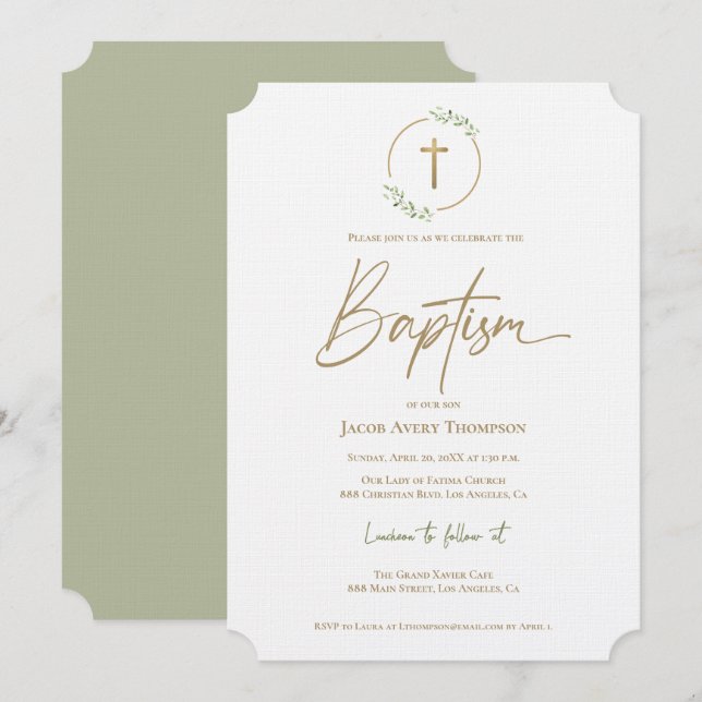 Invitación Corona de hoja moderna Cruz dorada Bautizo (Anverso / Reverso)