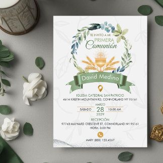 Invitación Corona de Hojas Verdes Primera Comunión Católica