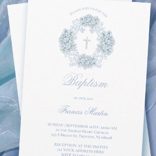Invitación corona de hortensias azul pastel Bautizo
