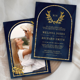 Invitación Corona de Laurel de Oro Hojas Azul Marino Boda