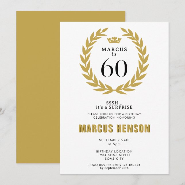 Invitación Corona de Laurel Dorado Cumpleaños Sorpresa 60 (Anverso / Reverso)