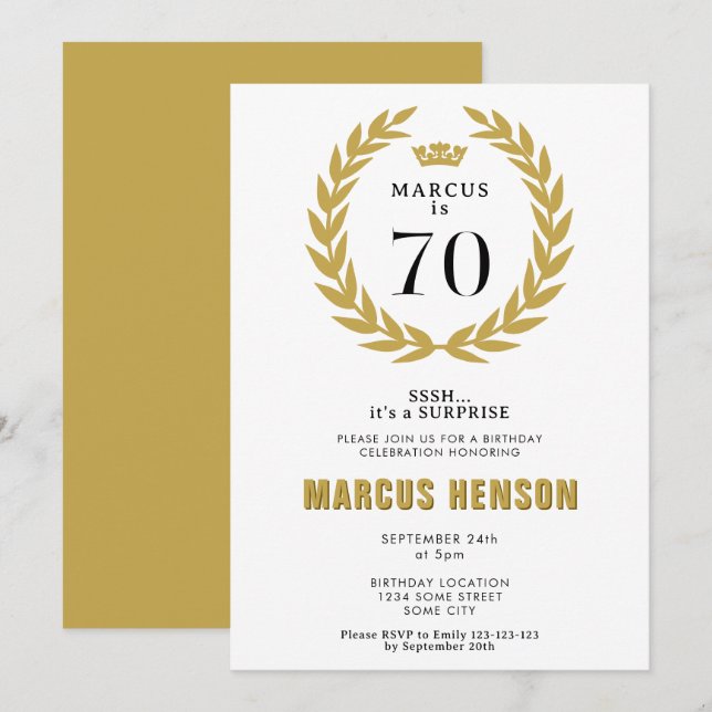 Invitación Corona de Laurel Dorado Cumpleaños Sorpresa 70 (Anverso / Reverso)